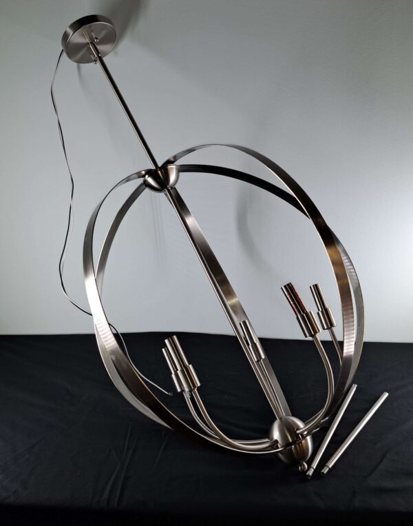 Brushed nickel 5-light orb chandelier fixture shown out of the box with curved arms and cage-style rings.