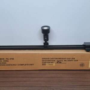 Assembled 3-head LED track light fixture in matte black on packaging.